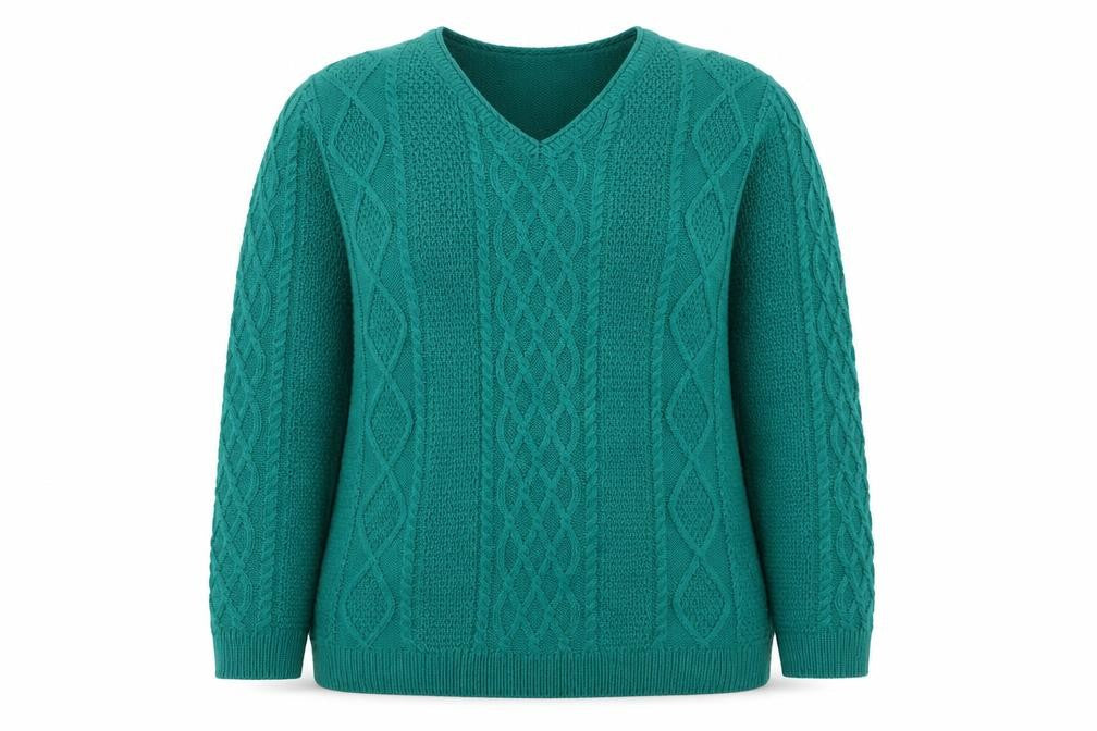 ISLE Essentials Women's Green V-Neck Cable-Knit Acrylic Jumper M
