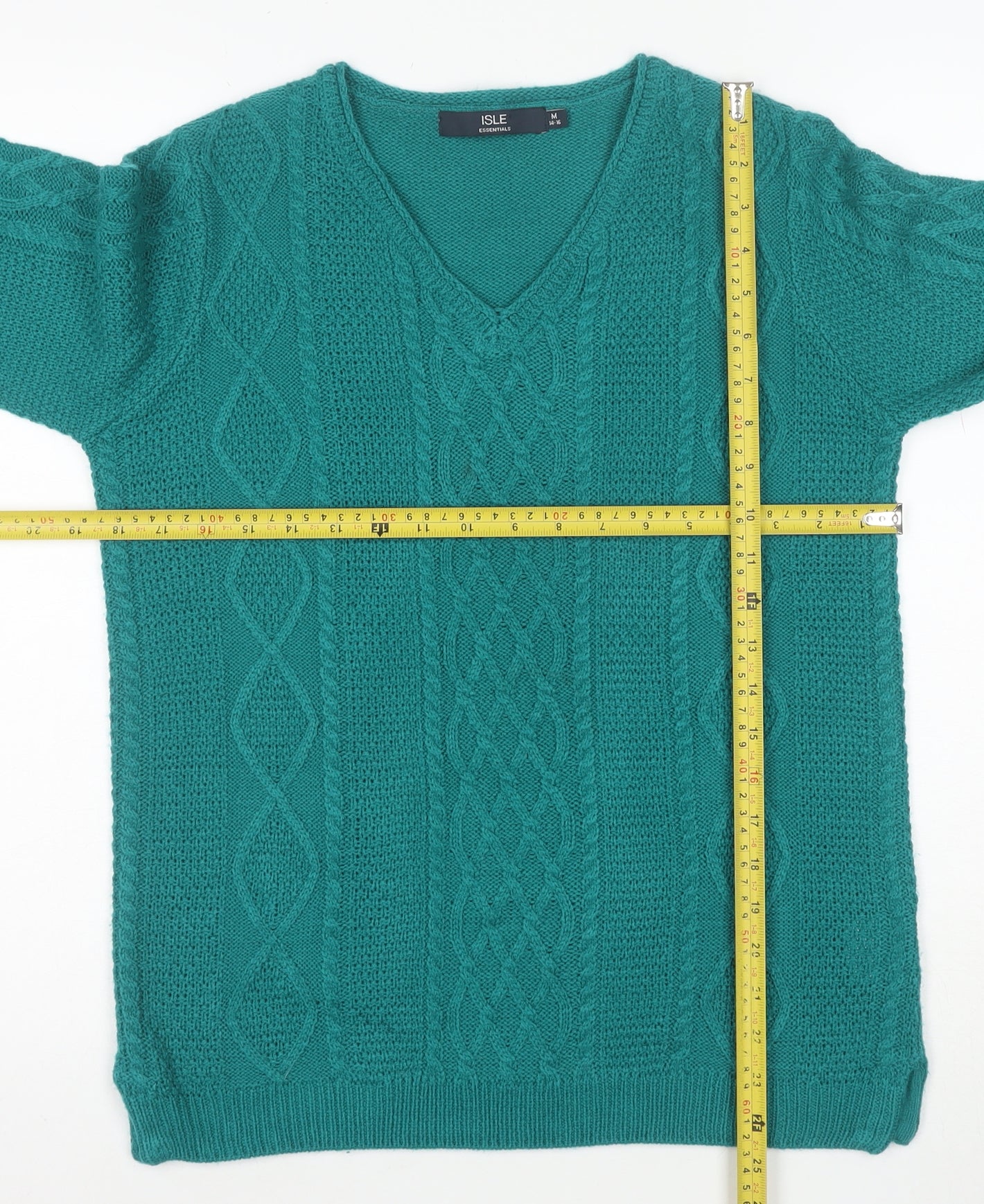 ISLE Essentials Women's Green V-Neck Cable-Knit Acrylic Jumper M