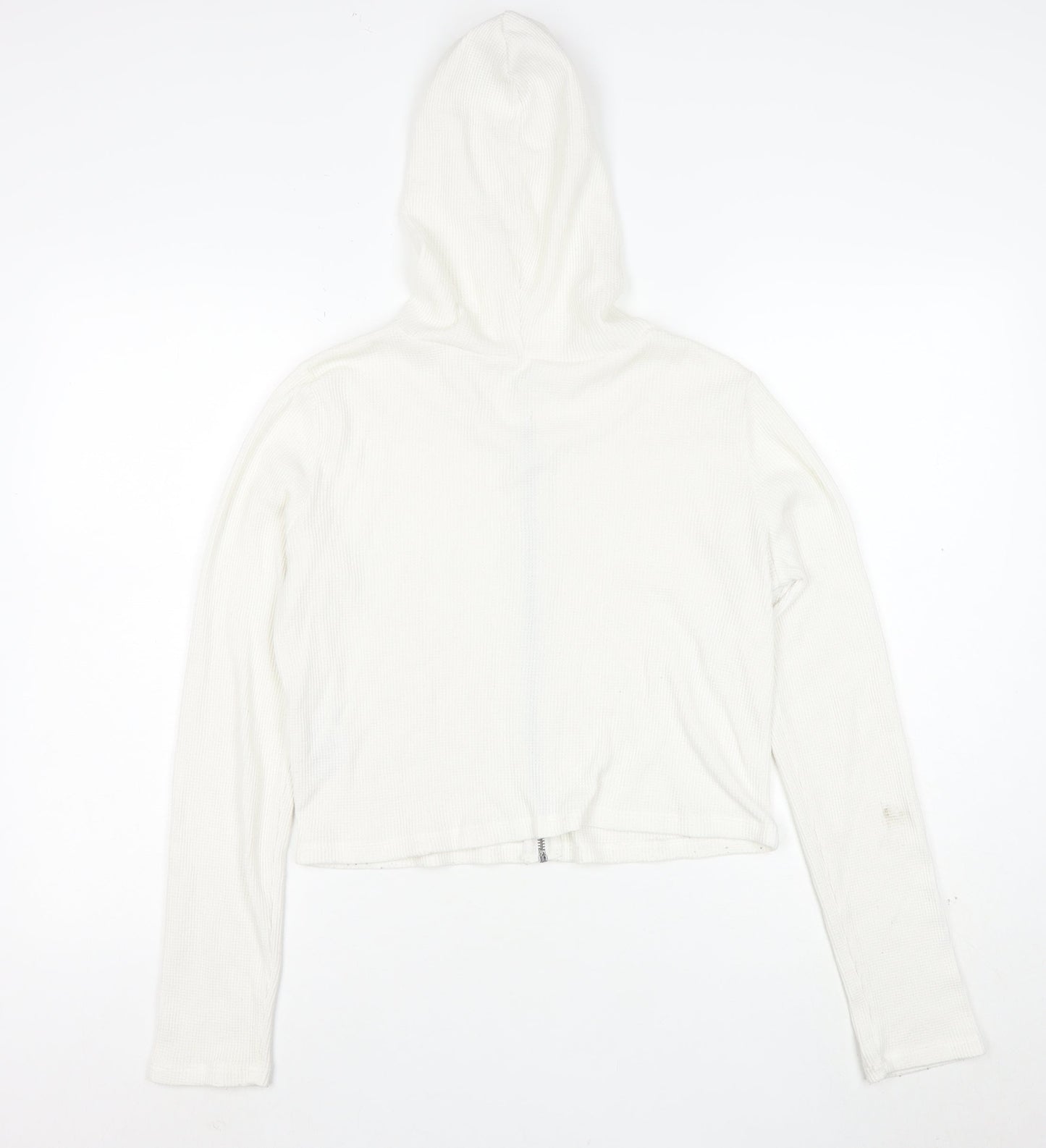 Hollister Women's White Full Zip Hoodie Medium Waffle Knit Cotton Blend