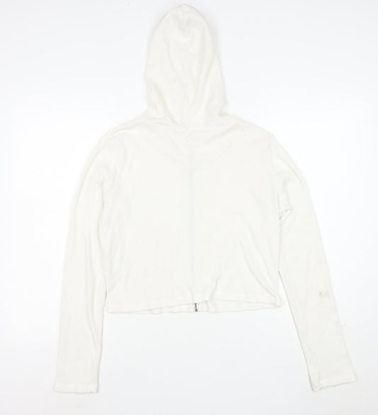 Hollister Women's White Full Zip Hoodie Medium Waffle Knit Cotton Blend