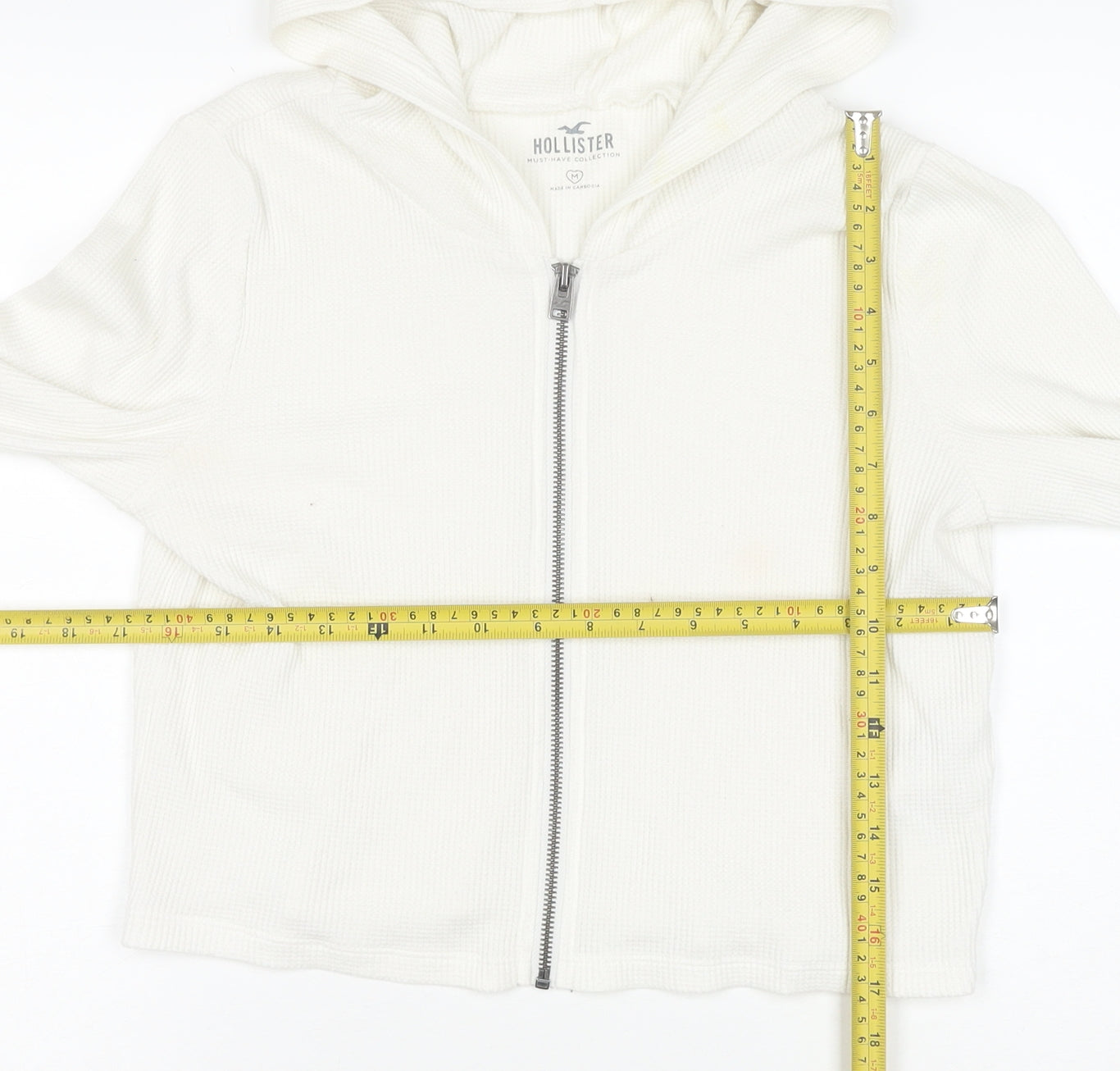 Hollister Women's White Full Zip Hoodie Medium Waffle Knit Cotton Blend