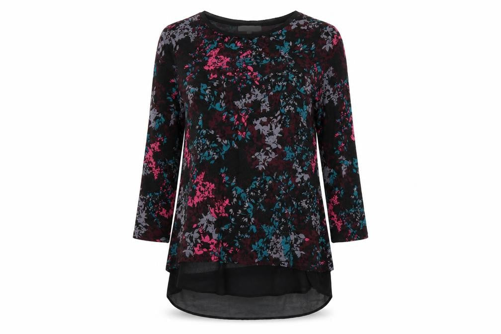 RJR.John Rocha Women Black Floral Tunic Top Size 12 Long Sleeve Viscoe Blend