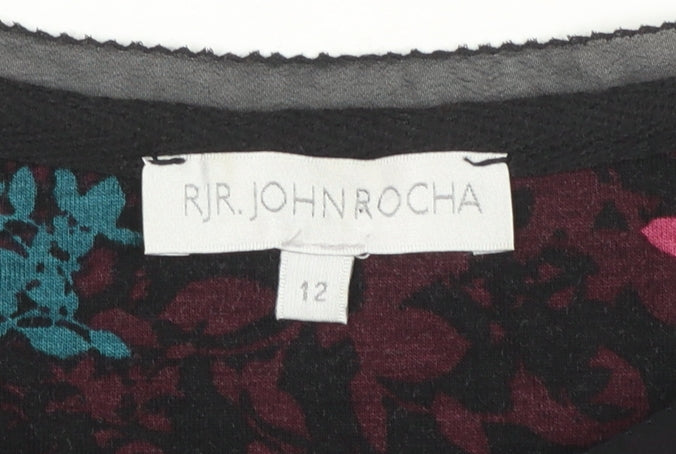 RJR John Rocha Women Black Floral Tunic Top Size 12 Long Sleeve Viscoe Blend