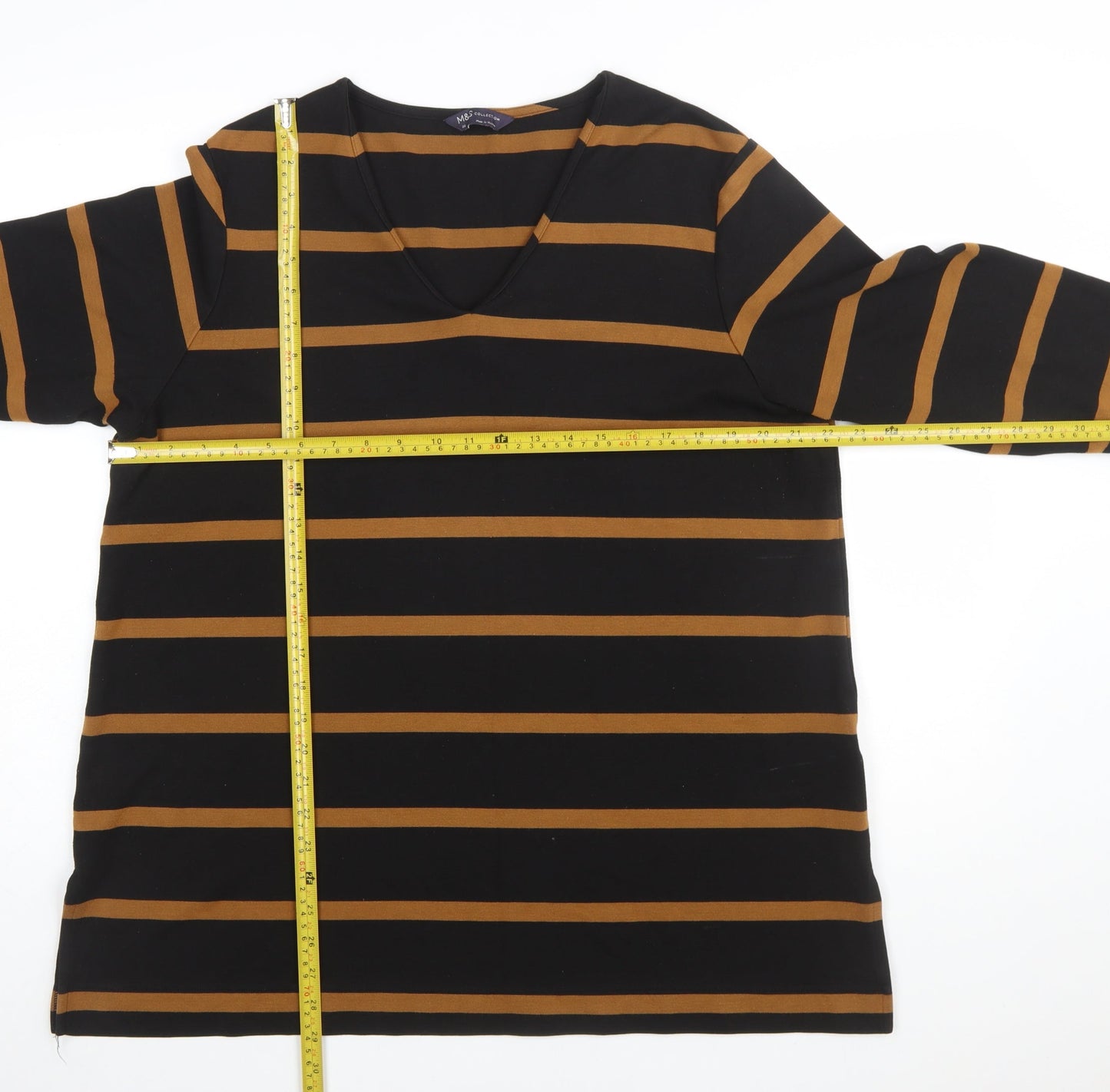 Marks and Spencer Women’s Black Brown Striped V-Neck Jersey Top Size 14