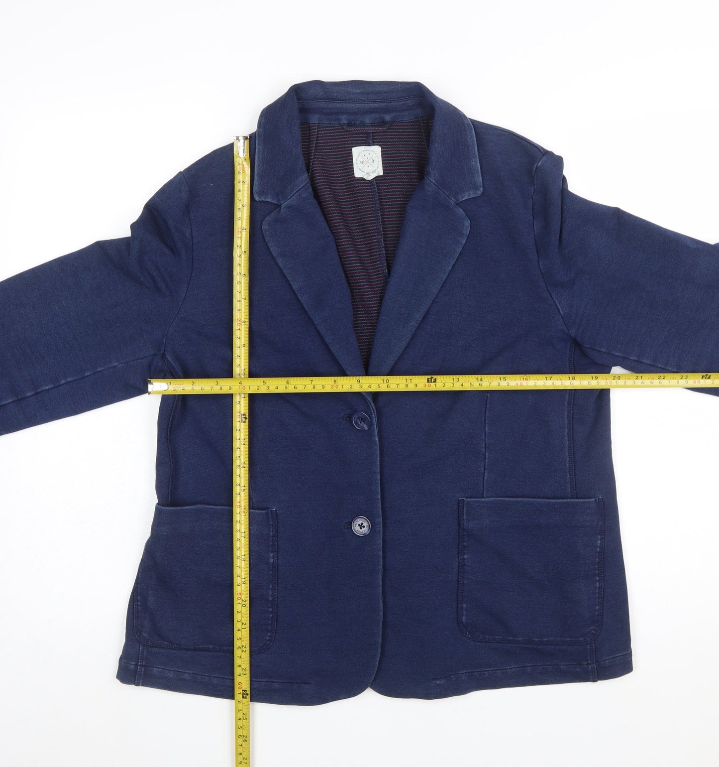 White Stuff Women Navy Blue Cotton Blend Single-Breasted Blazer UK 18