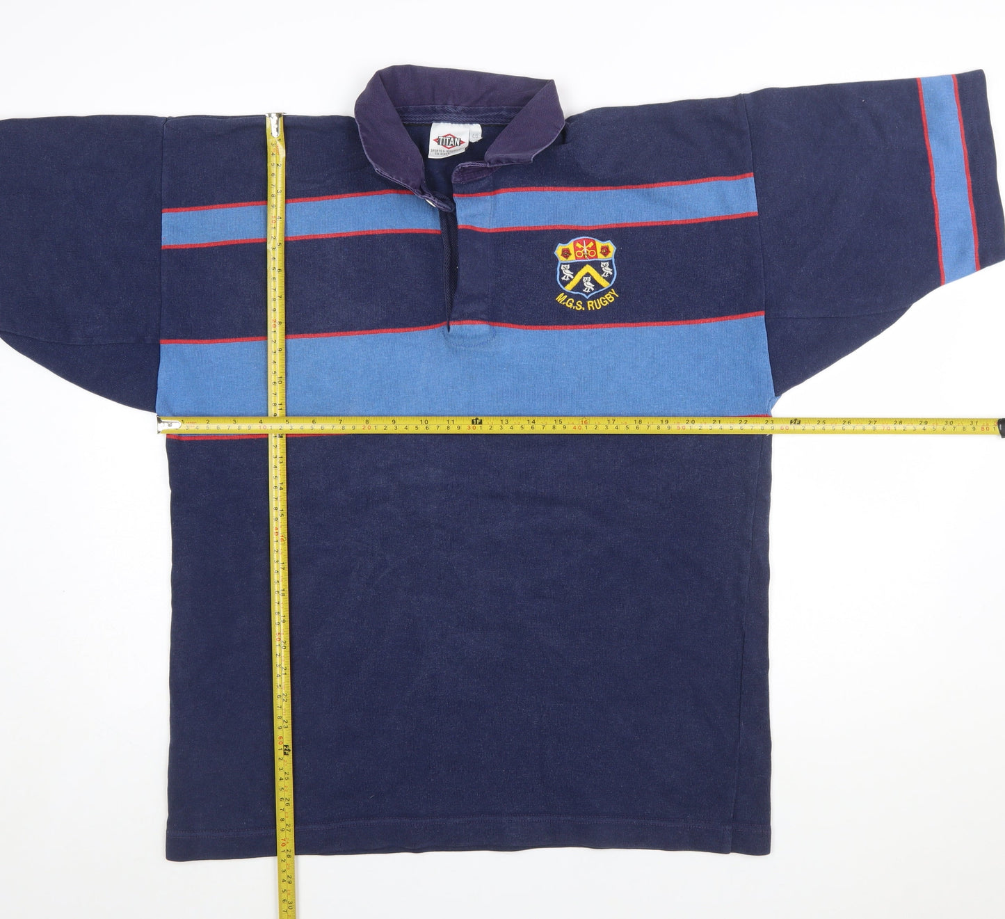 Titan Mens 46 Blue Striped Rugby Polo Shirt M.G.S. Embroidered Sports Top
