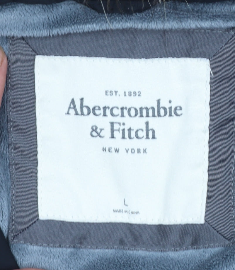 Abercrombie & Fitch Women’s Black Long Puffer Coat L Hooded Fur Trim