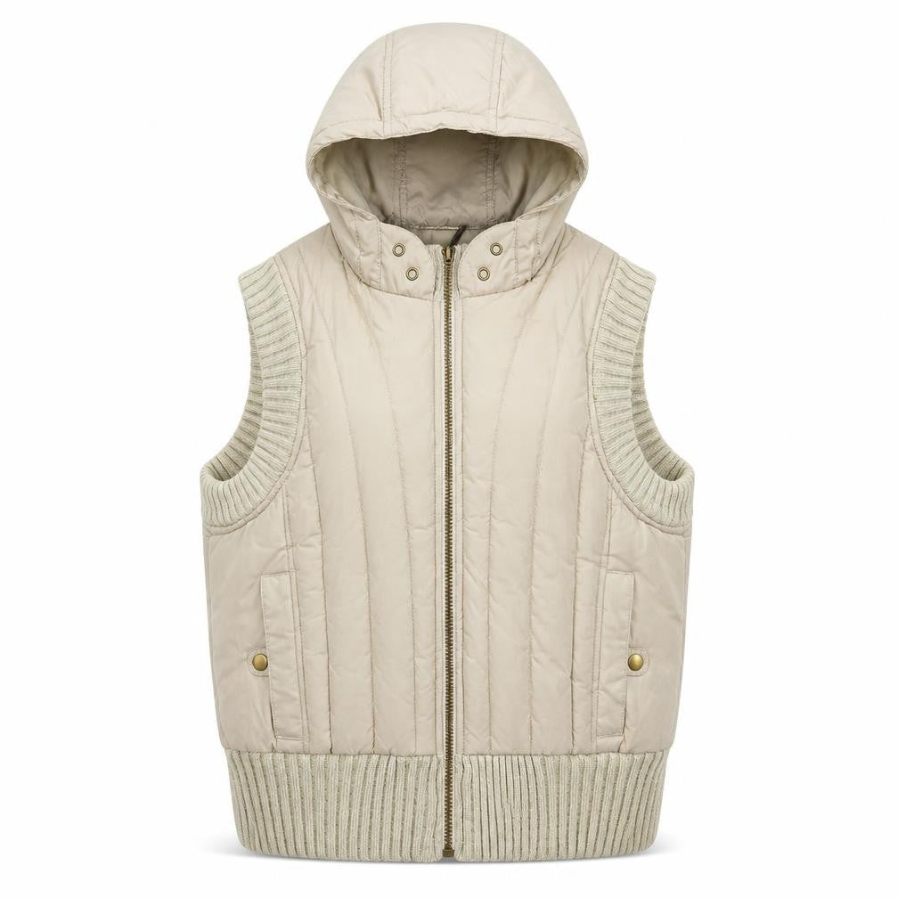 Front view of George girls’ beige quilted hooded puffer waistcoat 15-16 years