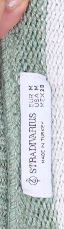 Stradivarius Women's Green White Striped V-Neck Knit Jumper Size 12
