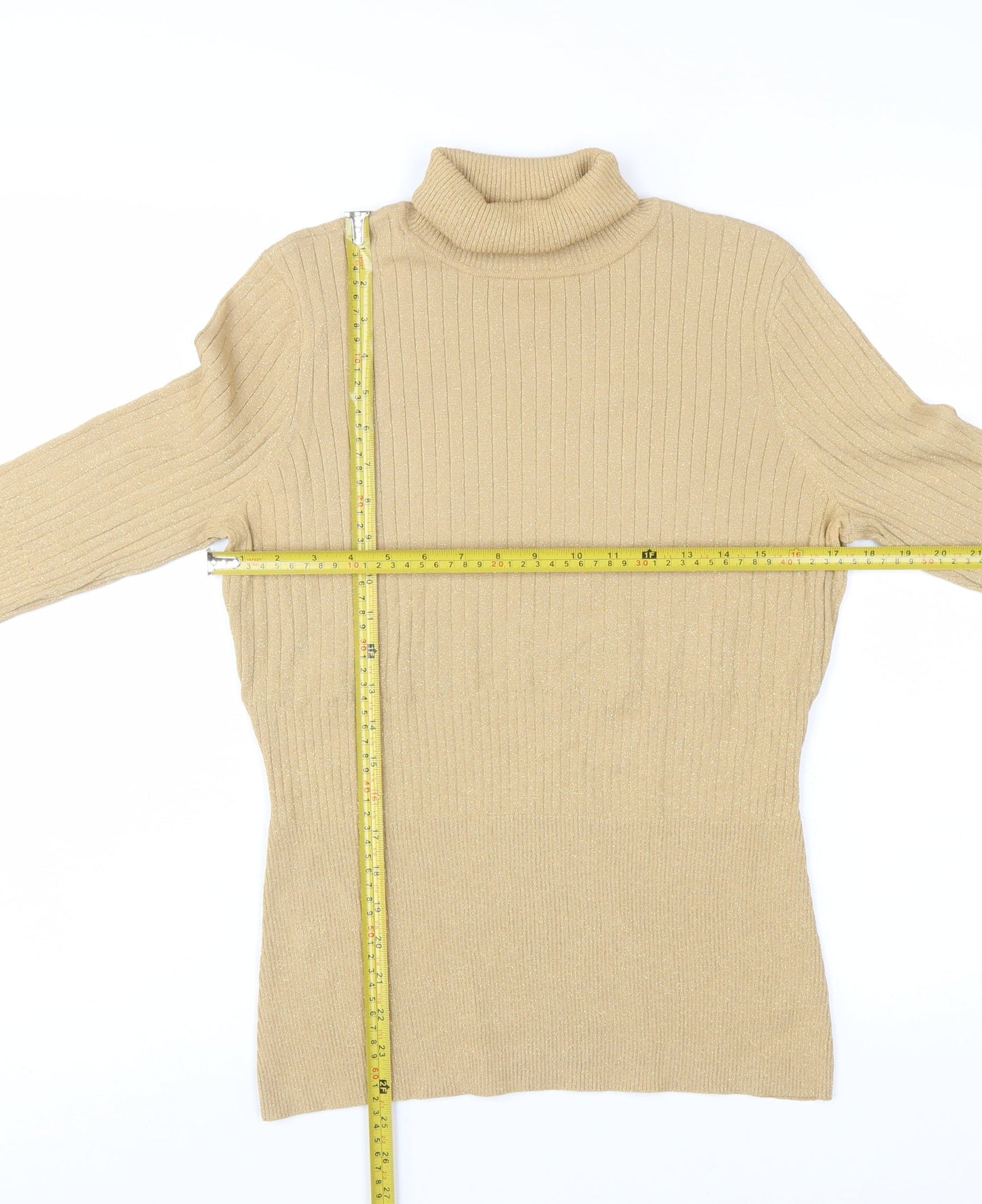 Worthington Women Beige Roll Neck Ribbed Knit Jumper Size L