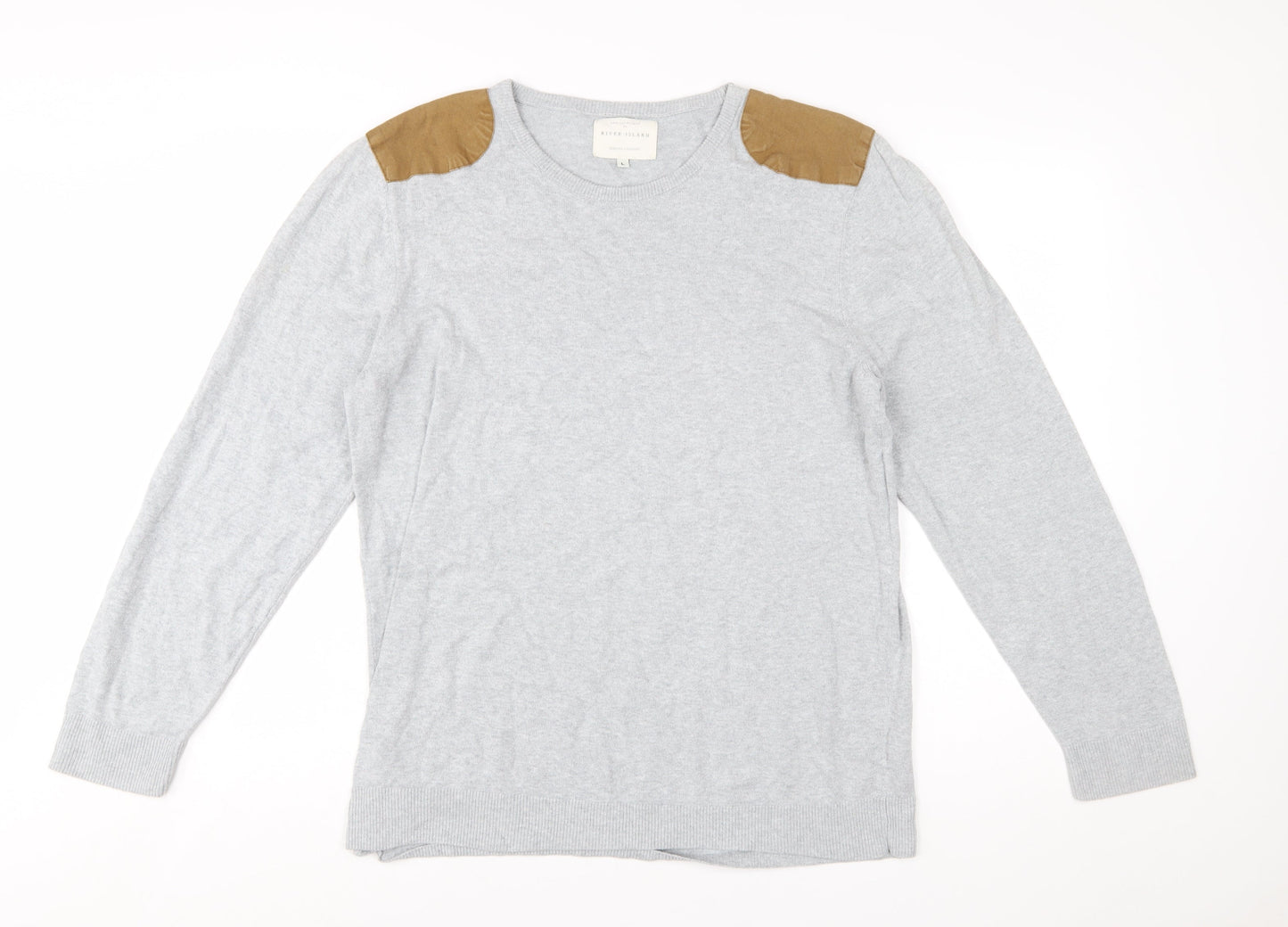 River Island Men's Grey Cotton Pullover Jumper Size L with Shoulder Patches