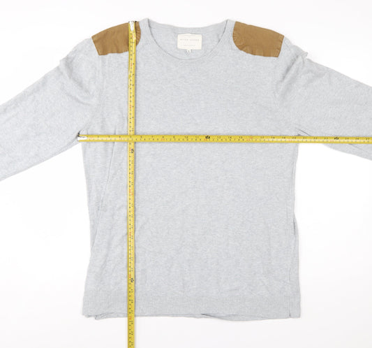 River Island Men's Grey Cotton Pullover Jumper Size L with Shoulder Patches