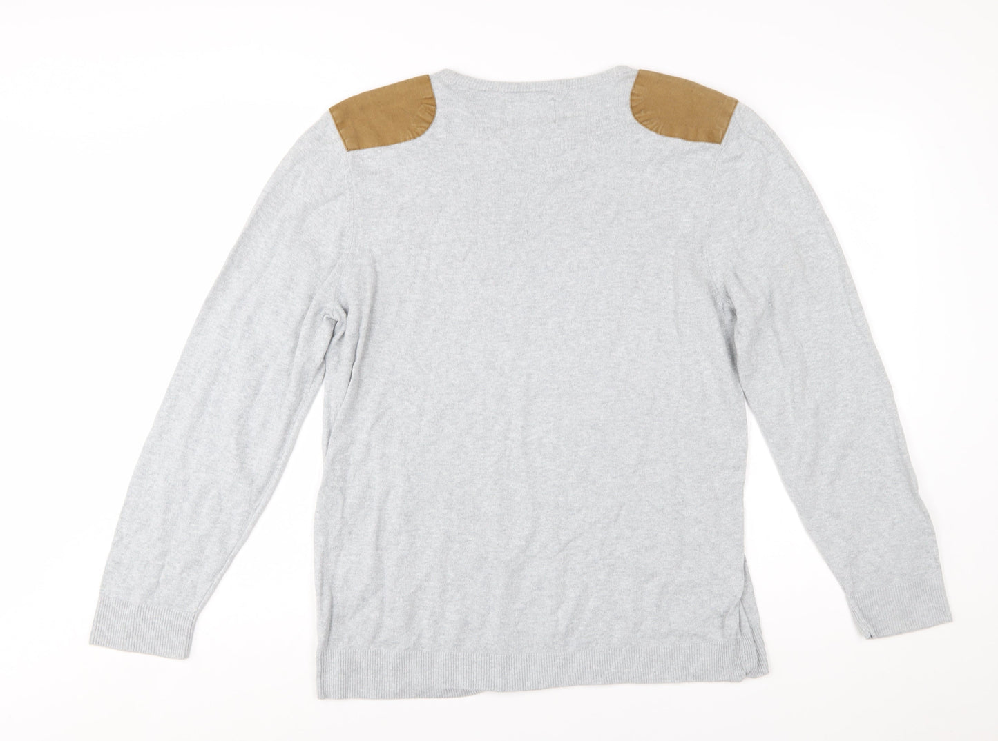River Island Men's Grey Cotton Pullover Jumper Size L with Shoulder Patches