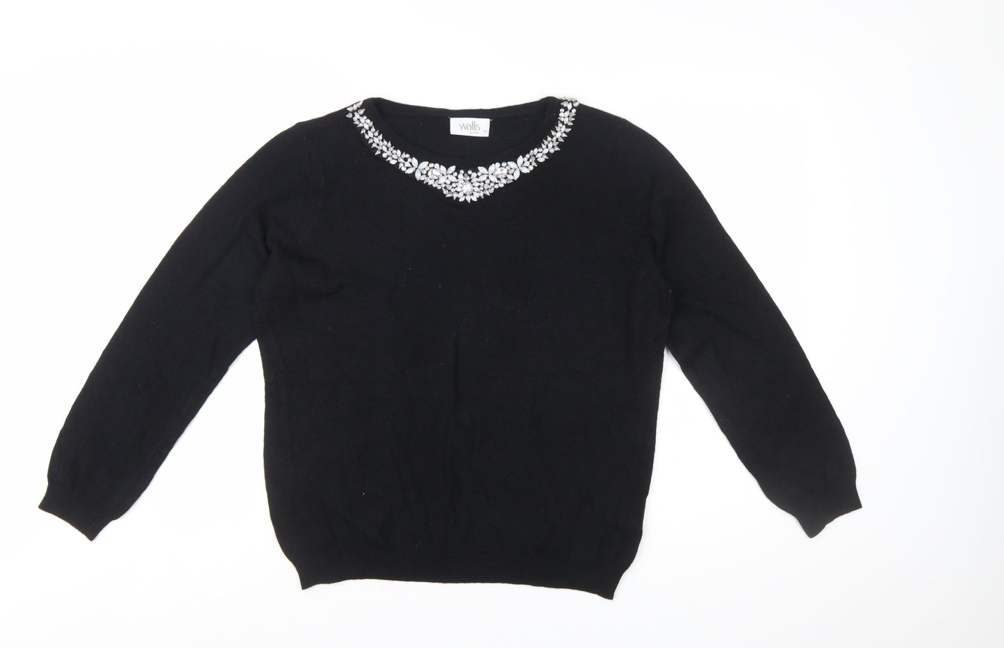 Wallis Women Petite Black Beaded Crew Neck Jumper Size 16