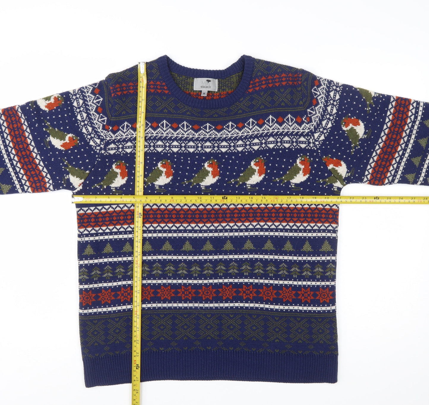 Marks and Spencer Men's Blue Christmas Robin Fair Isle Jumper Medium