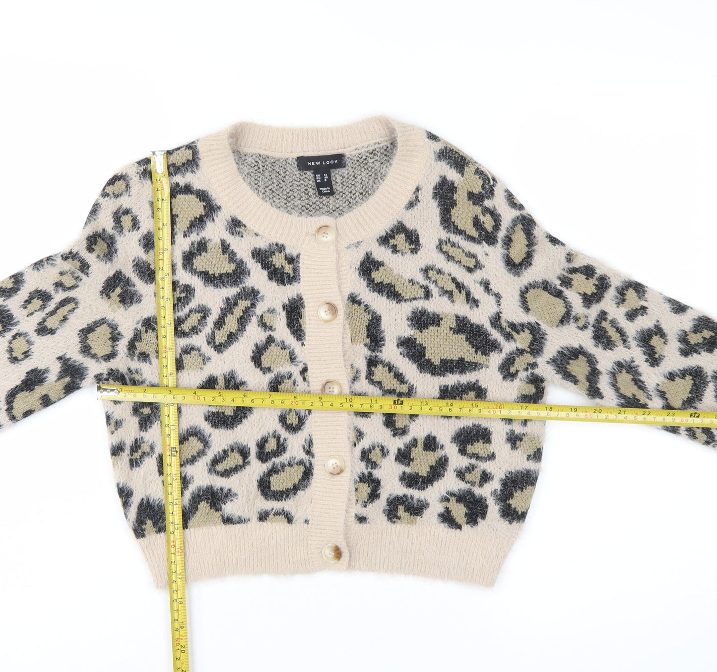 New Look Women's Beige Leopard Print Chunky Knit Cardigan UK 12