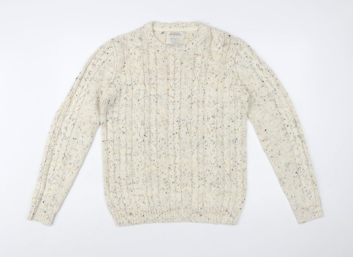 Burton Menswear Beige Cable-Knit Crew Neck Jumper Small Men's