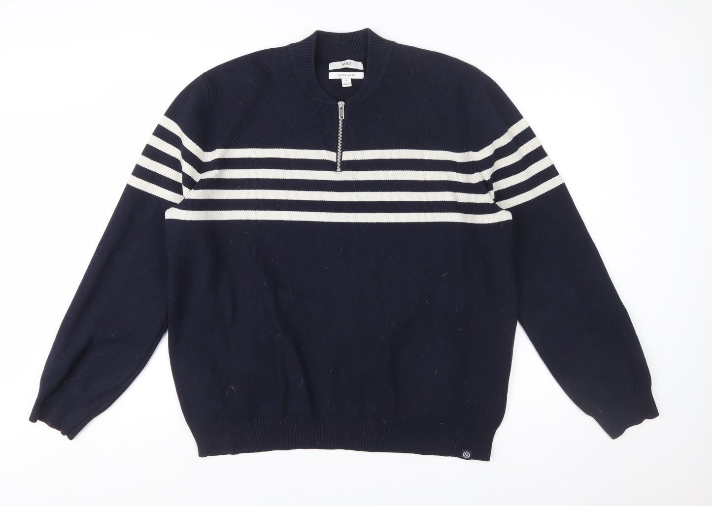 Marks and Spencer Men's Blue XL Striped 1/2 Zip Cotton Blend Jumper