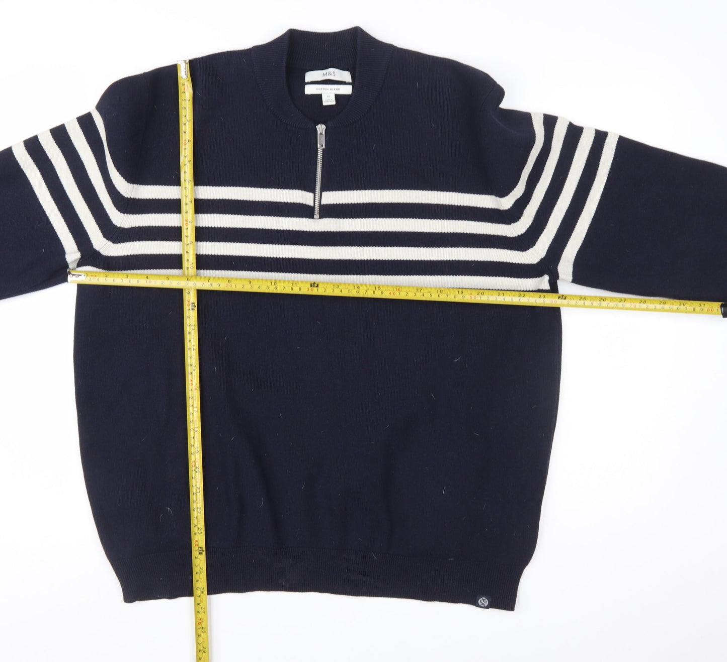 Marks and Spencer Men's Blue XL Striped 1/2 Zip Cotton Blend Jumper