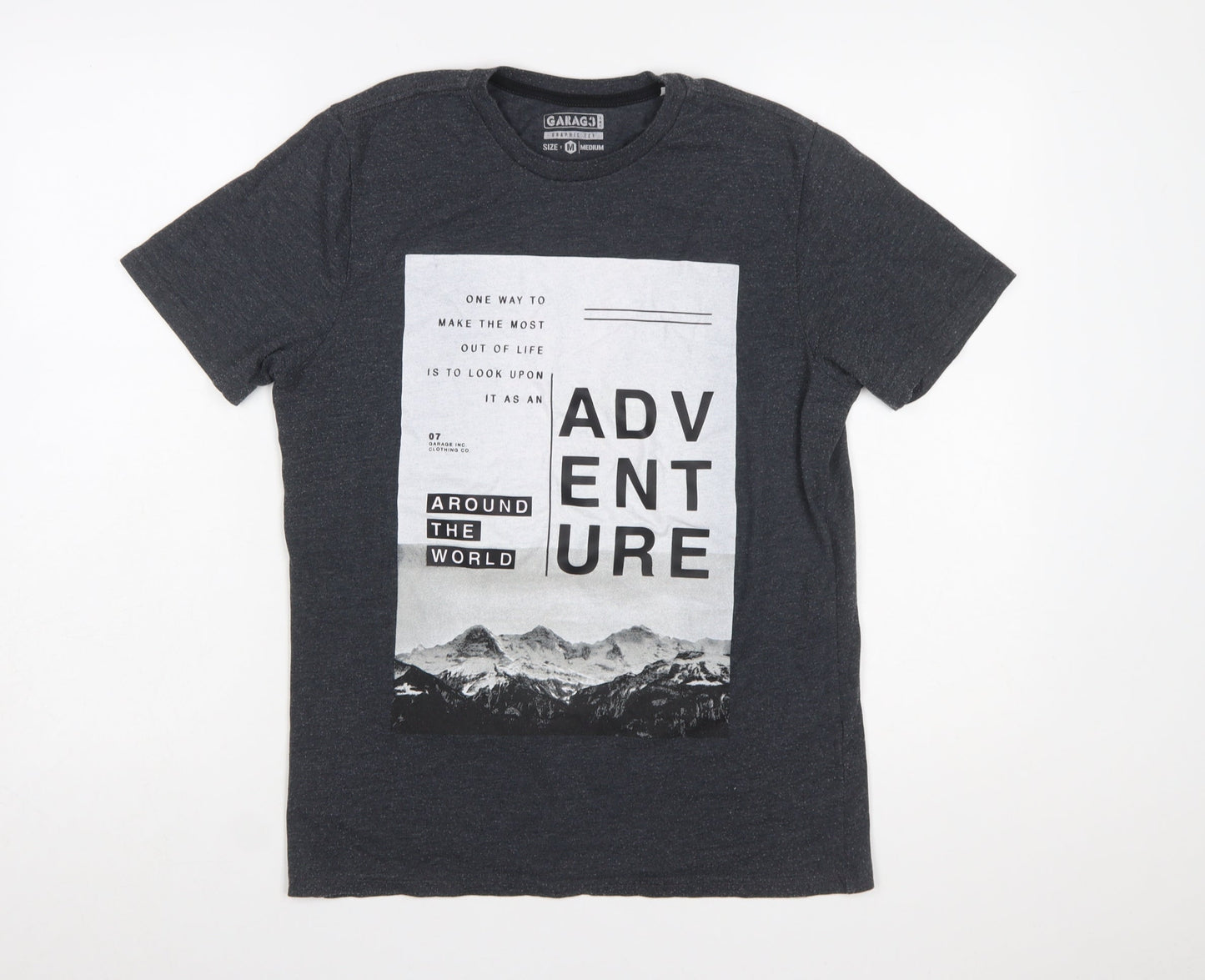 Garage Inc Men's Grey Adventure Print Crew Neck Graphic T-Shirt Medium
