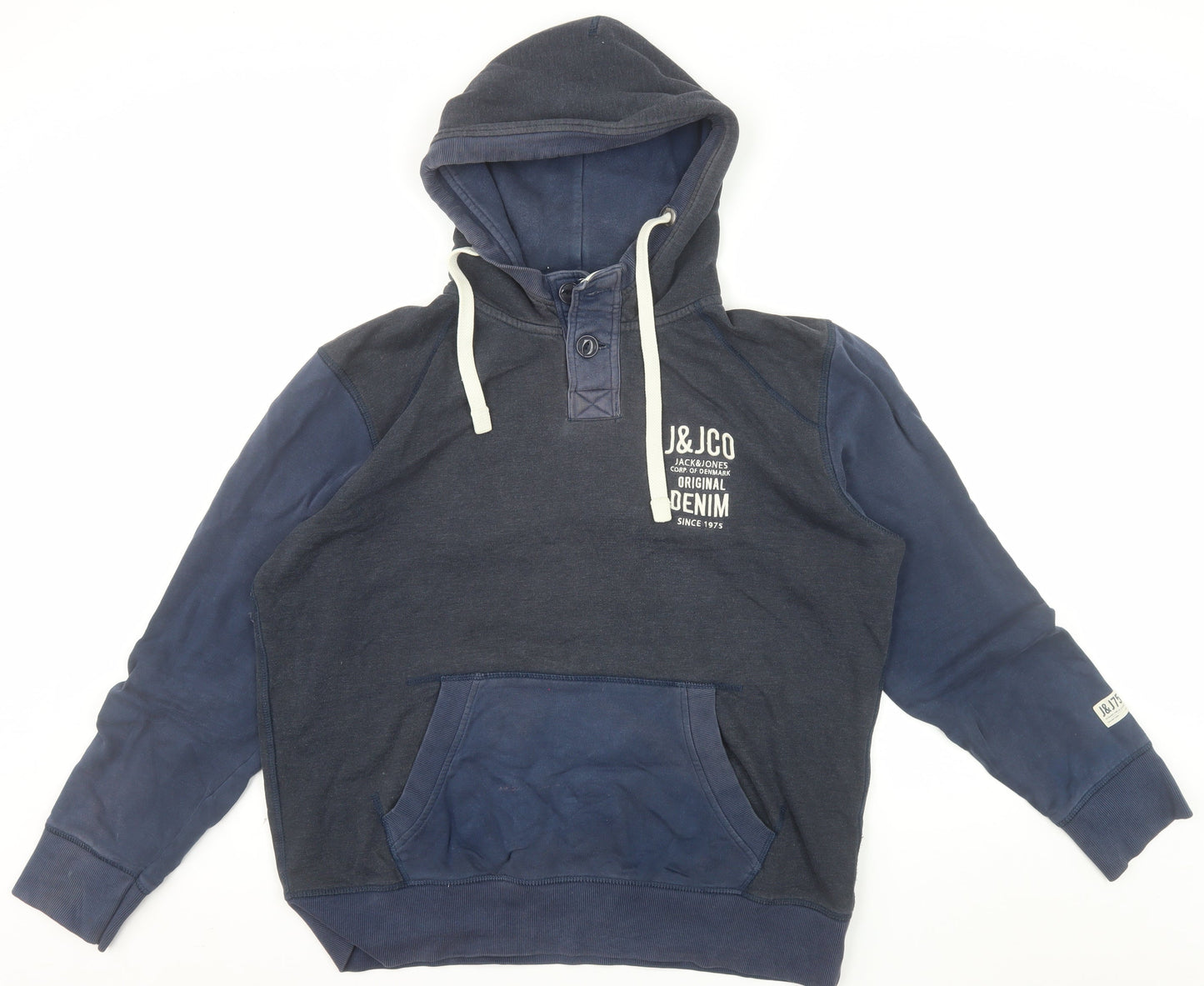 Jack & Jones Men's Blue Henley Hoodie Medium Fleece Pullover