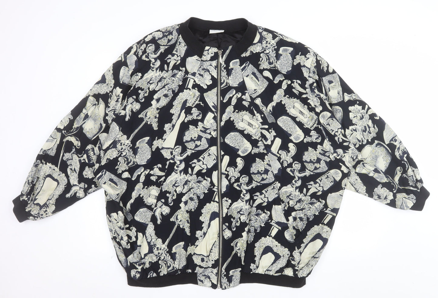 Liana Moden Unisex Black Art Print Bomber Jacket Size 36 Viscose Rayon