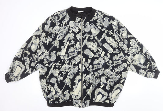 Liana Moden Unisex Black Art Print Bomber Jacket Size 36 Viscose Rayon