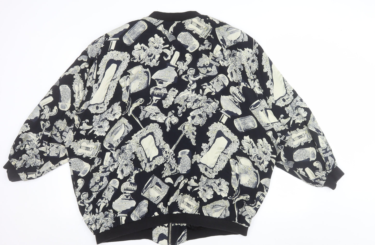 Liana Moden Unisex Black Art Print Bomber Jacket Size 36 Viscose Rayon