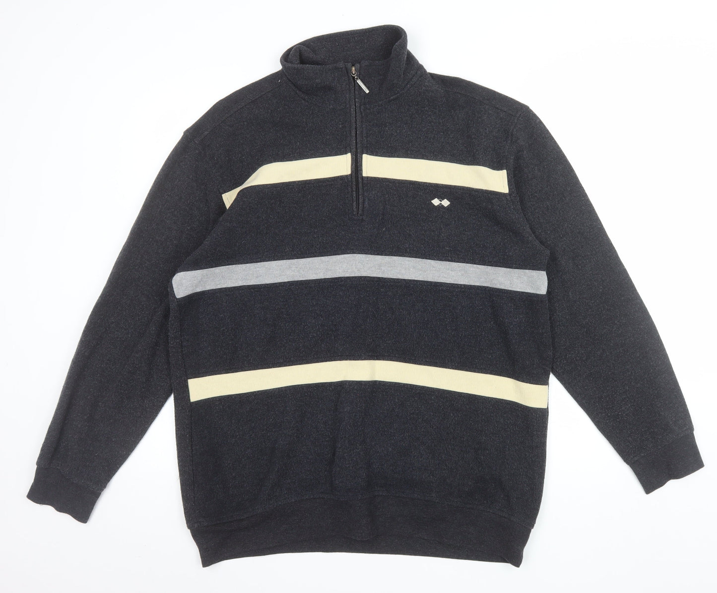 BHS Men’s Grey Striped 1/2 Zip Cotton Blend Jumper Size L