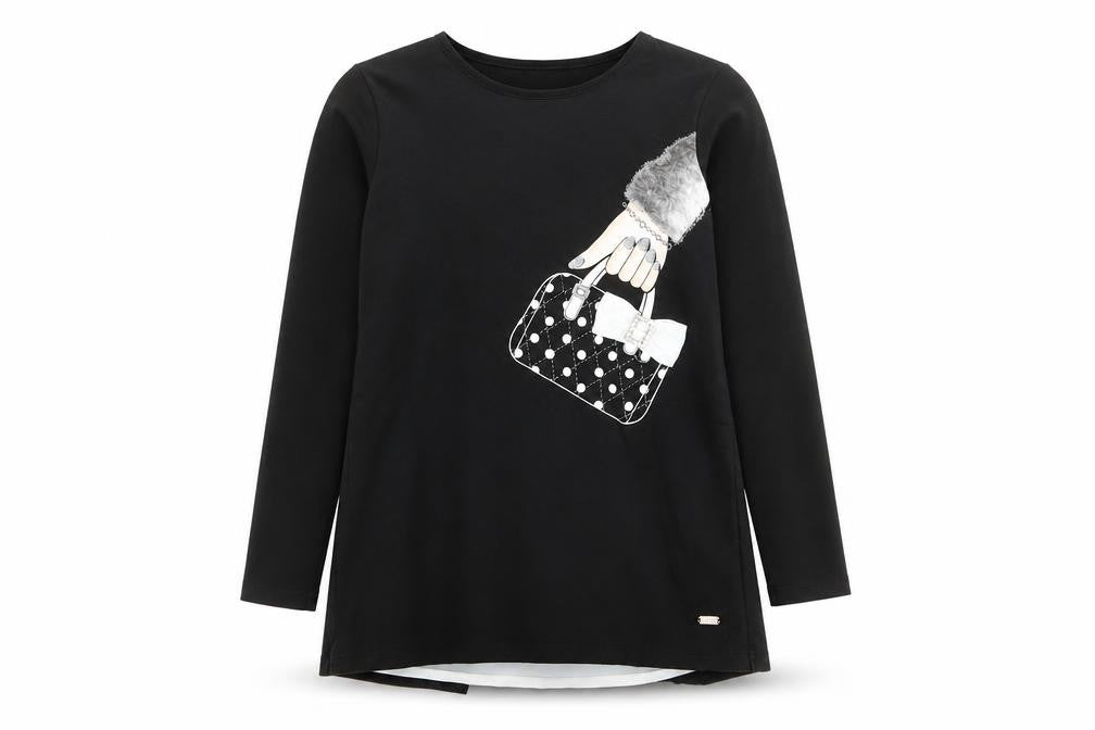 Front view of A Dee girls’ black long sleeve tunic top with bow detail, size 12, years