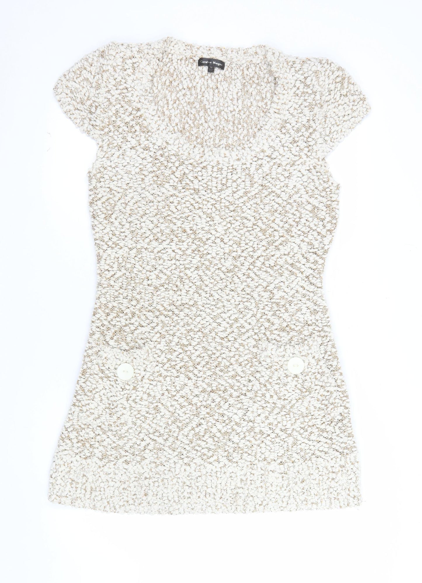 Caroline Morgan Women Beige Knit Shift Dress Size 16 Short Sleeve