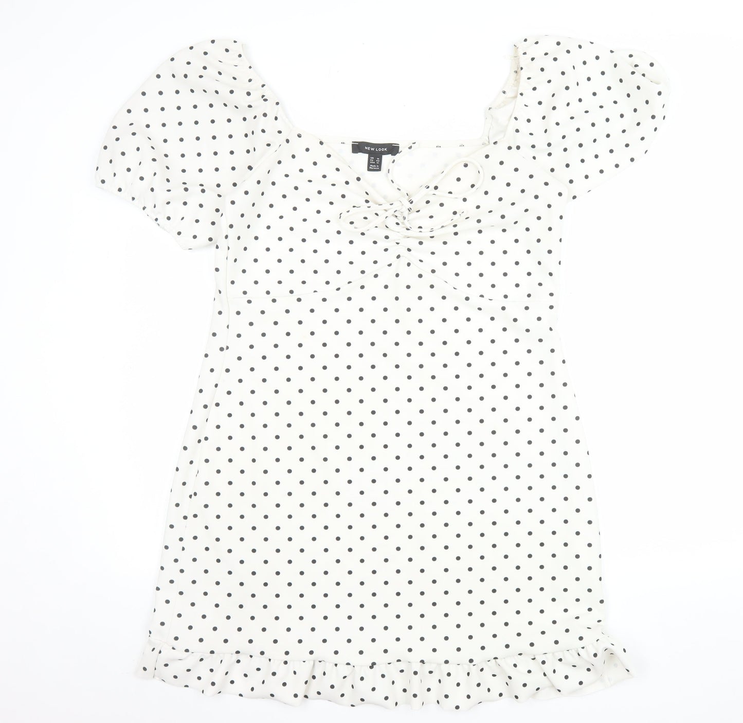 New Look Women White Polka Dot Mini Dress Size 16 Puff Sleeve
