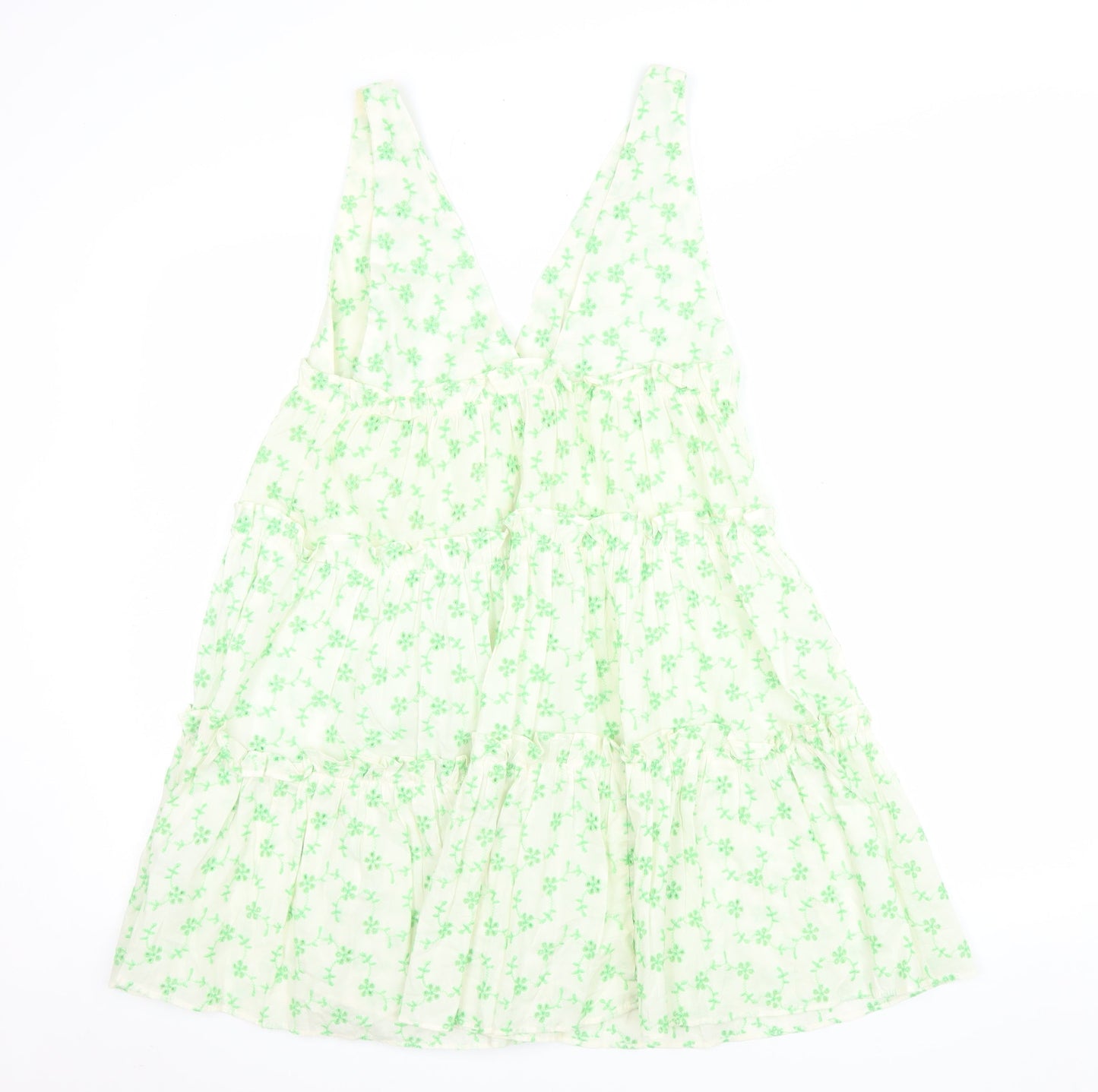 ASOS Women Green Floral Cotton Swing Dress Size 8 Sleeveless V-Neck