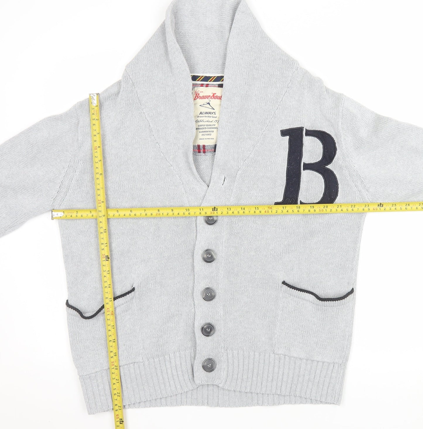Brave Soul Men’s Grey Cotton Knit Cardigan L Casual Shawl Collar