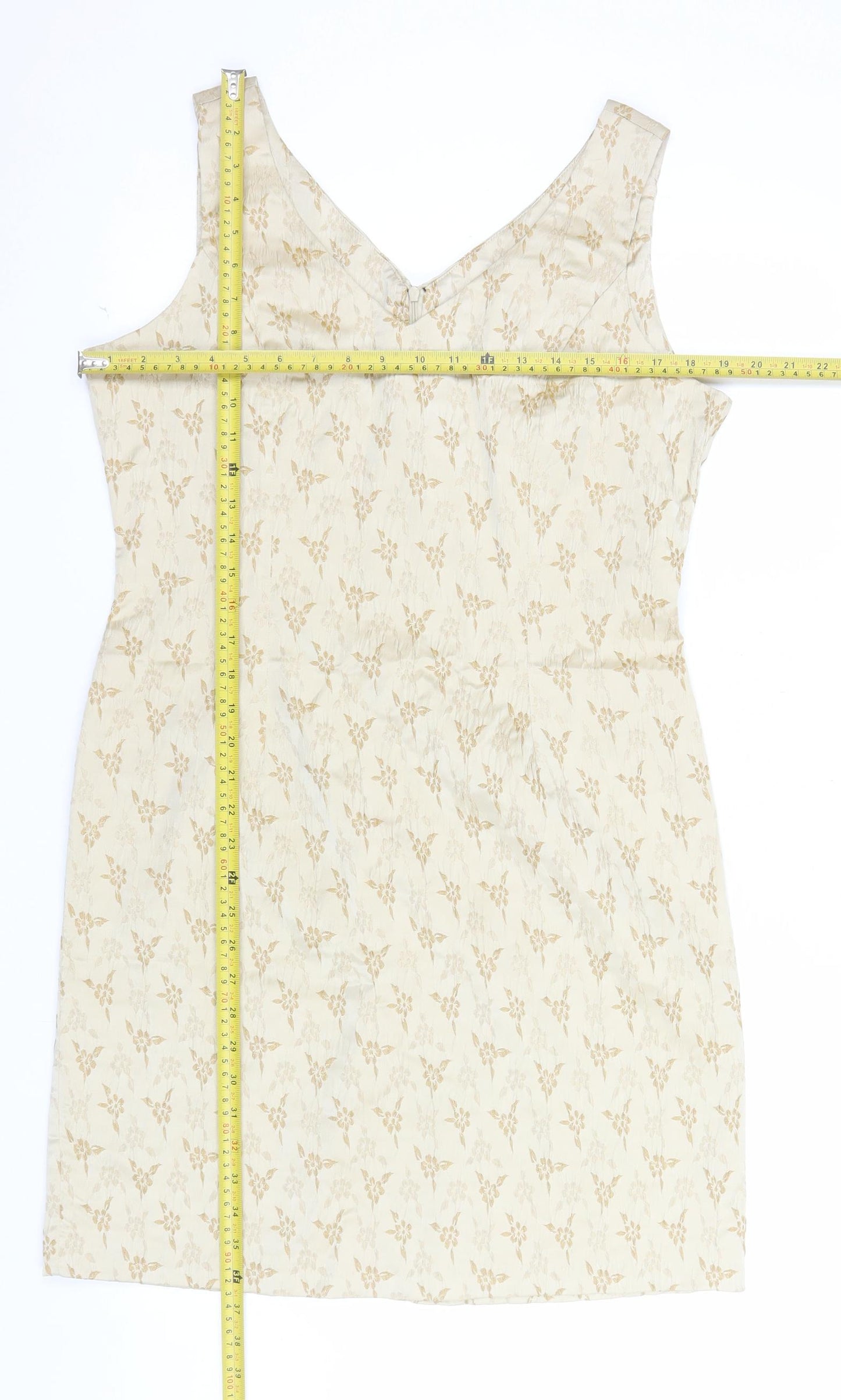 BHS Women’s Beige Floral Jacquard Sheath Dress Size 16 Sleeveless V-Neck