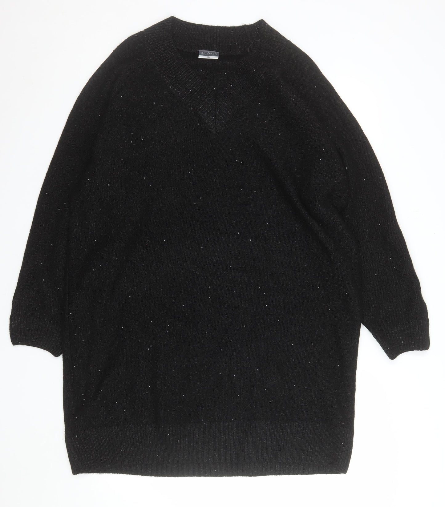 Beloved Women Black XL V-Neck Short Sleeve Sparkle Pullover Jumper