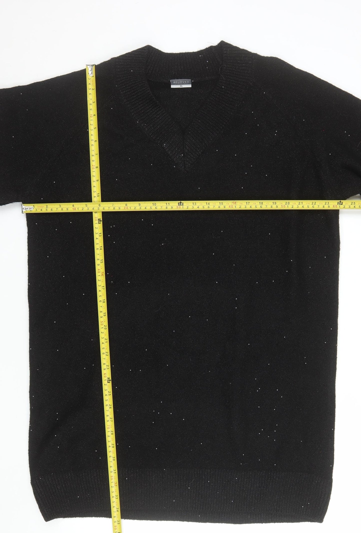 Beloved Women Black XL V-Neck Short Sleeve Sparkle Pullover Jumper