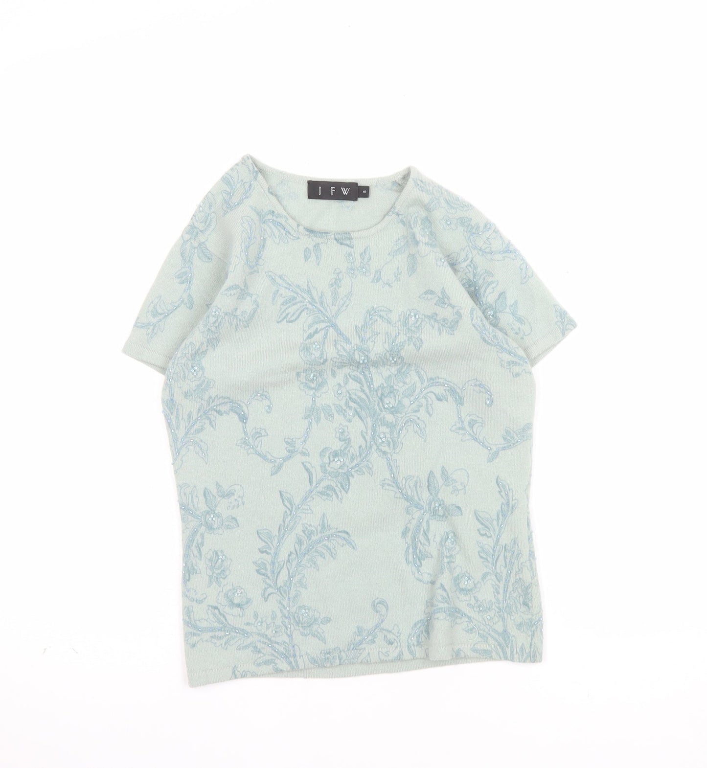 JFW Womens Green Floral Angora Wool Short Sleeve Pullover Jumper Size S