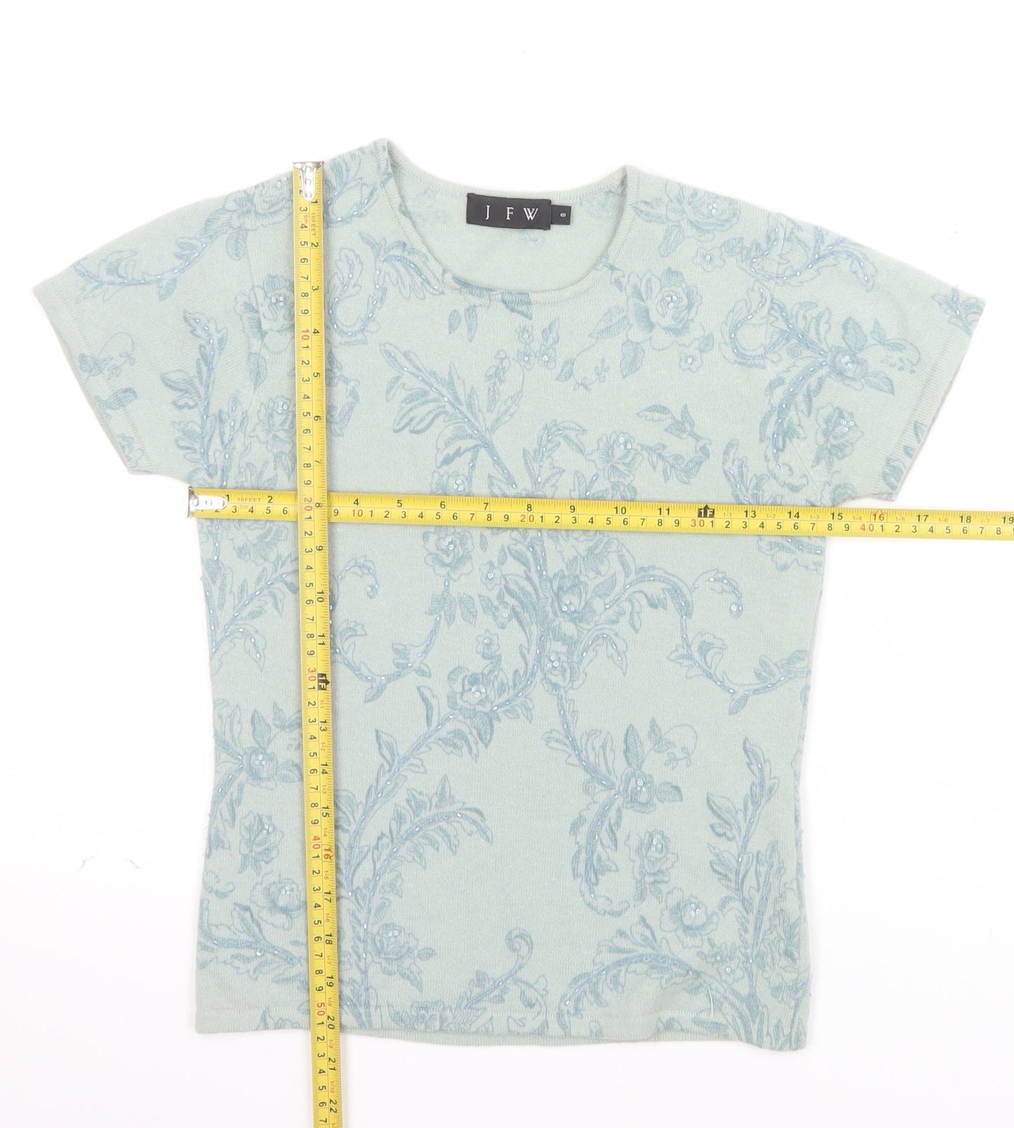 JFW Womens Green Floral Angora Wool Short Sleeve Pullover Jumper Size S