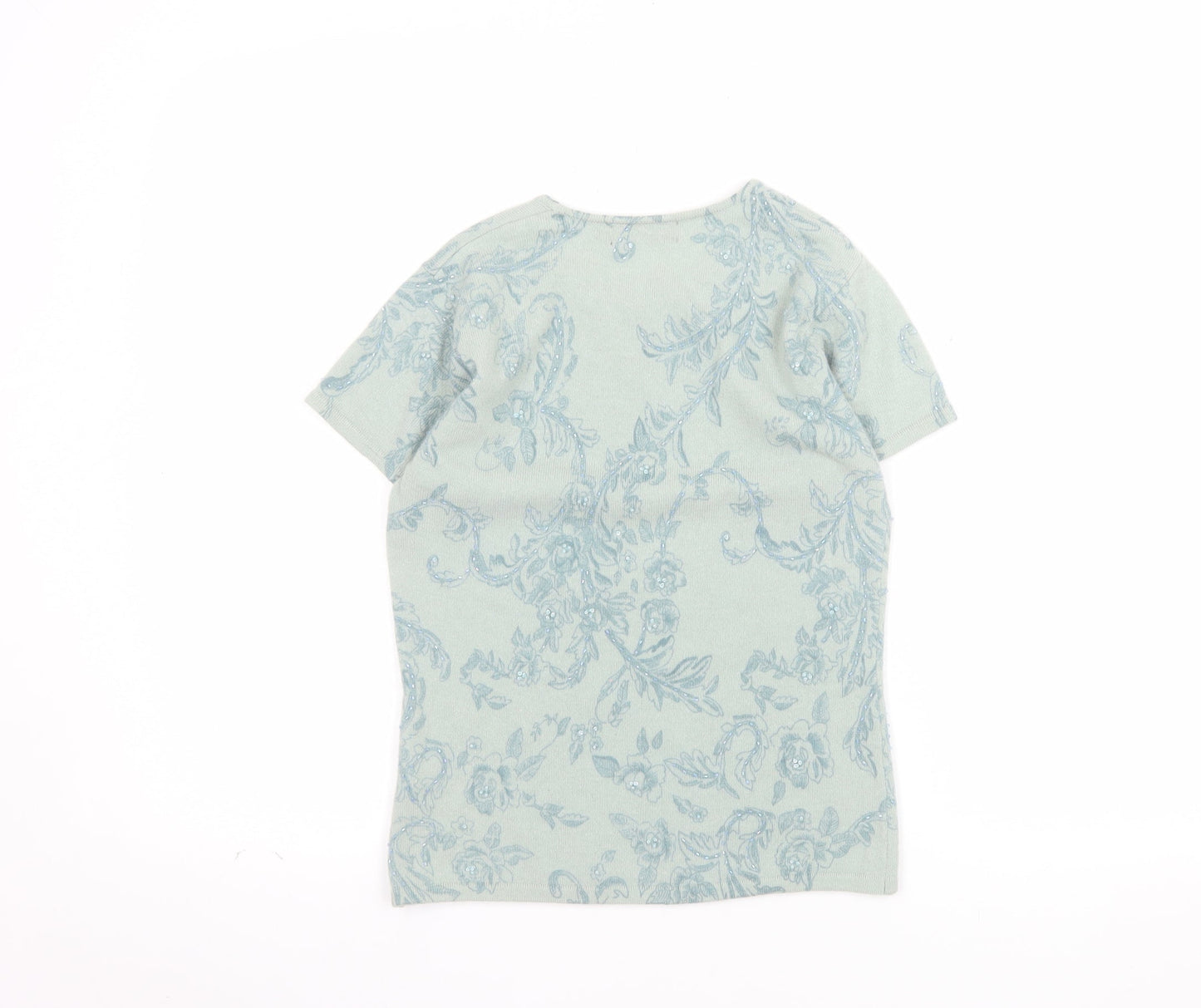 JFW Womens Green Floral Angora Wool Short Sleeve Pullover Jumper Size S
