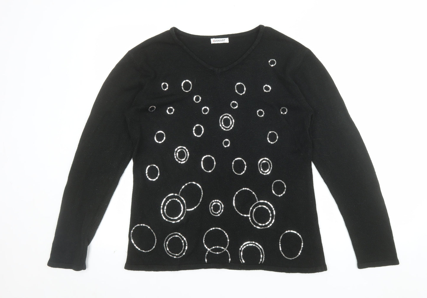 Damart Women’s Black Sequin V-Neck Acrylic Pullover Jumper Size S