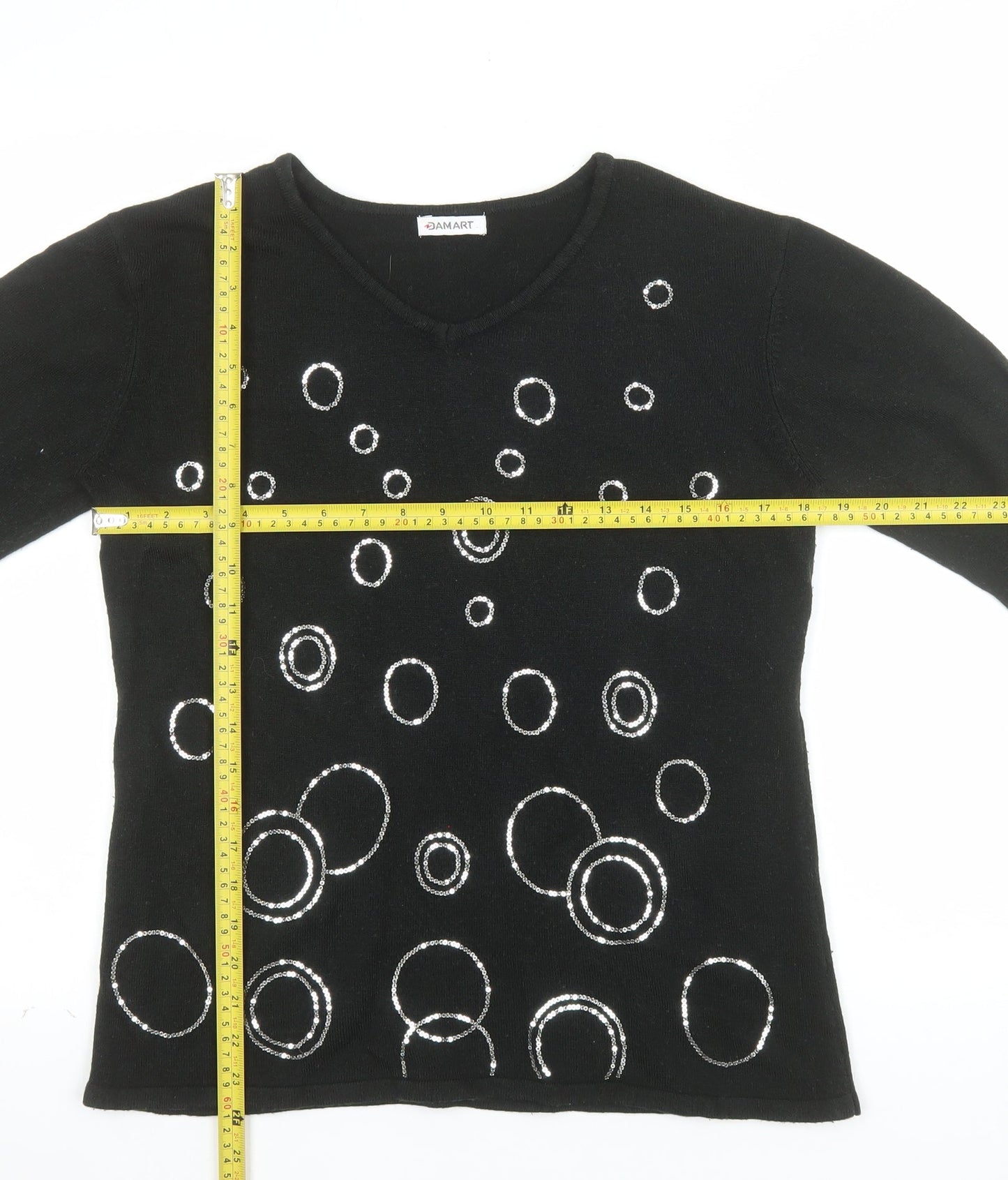 Damart Women’s Black Sequin V-Neck Acrylic Pullover Jumper Size S