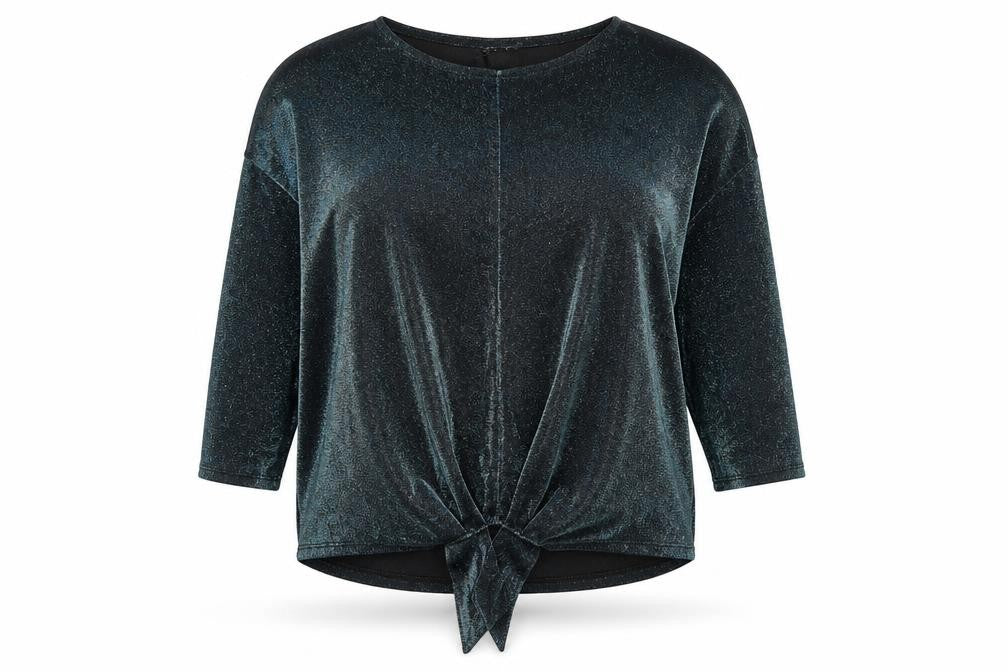 Front view of Principles Women’s Black Glitter Tie Front 3/4 Sleeve Tunic Blouse, size UK 14