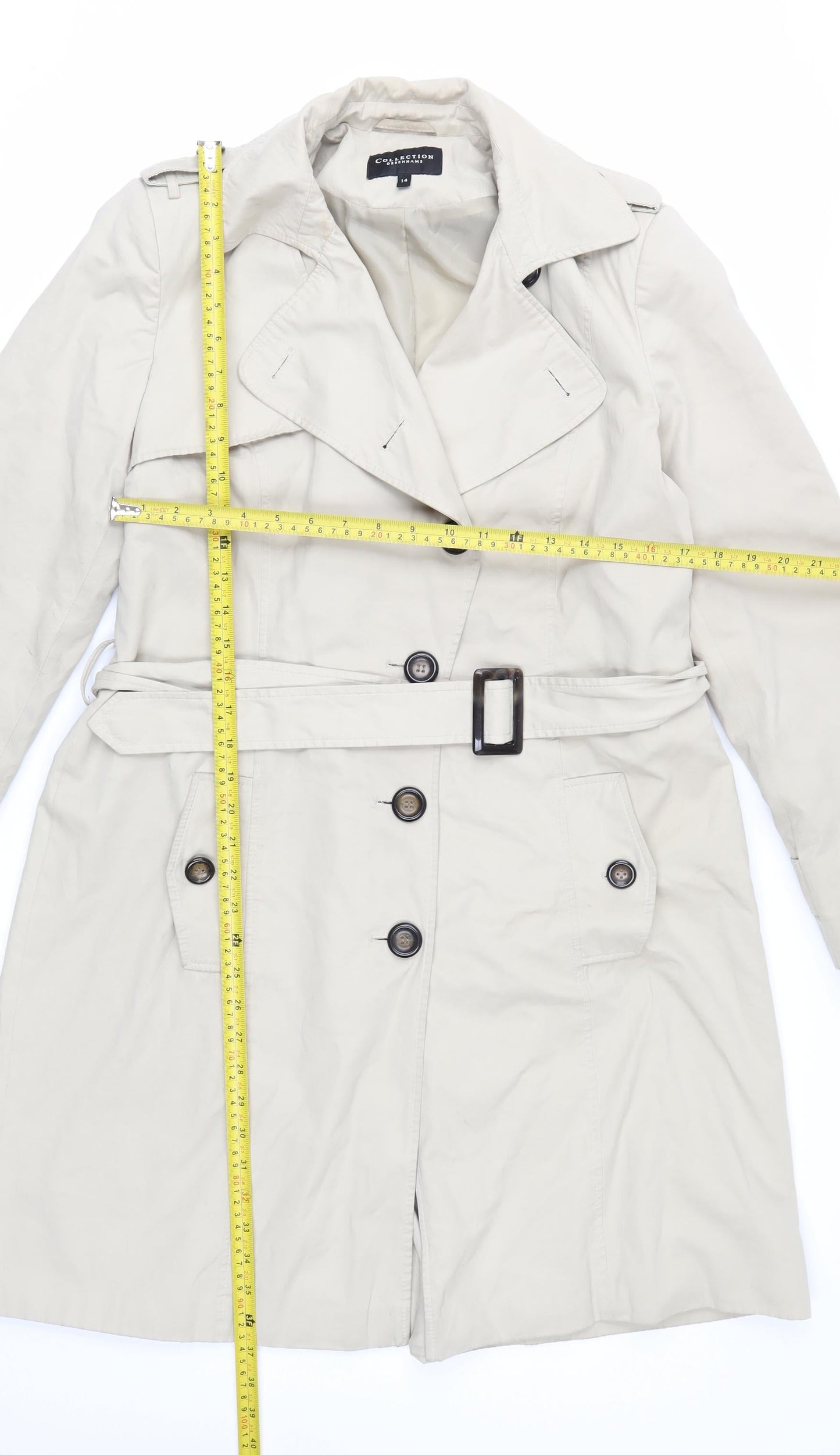 Debenhams Women Beige Long Trench Coat Belted Size 14 Classic Style
