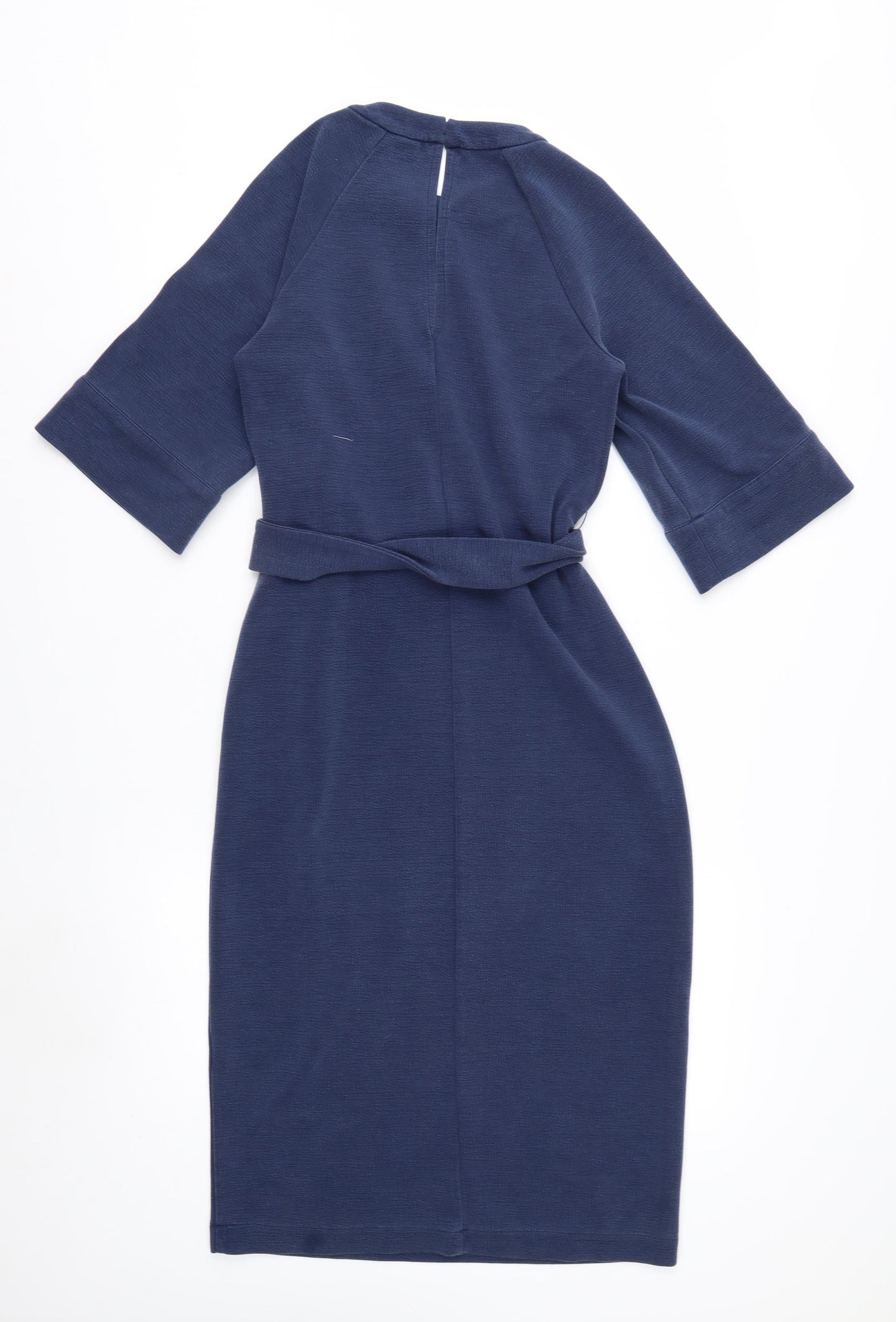 Oliver Bonas Women Blue Size 8 Sheath Knee Length Belted Dress