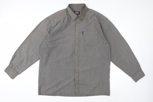 Dickies Men's Grey Check Long Sleeve Button-Up Shirt XL Classic Fit