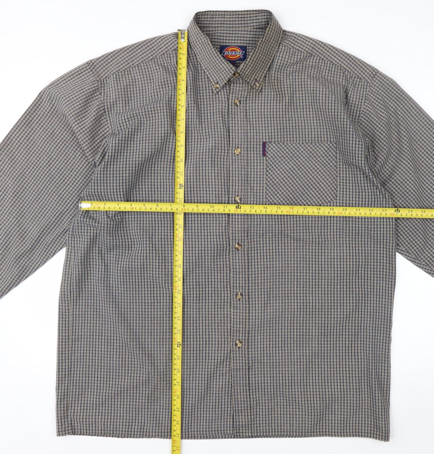 Dickies Men's Grey Check Long Sleeve Button-Up Shirt XL Classic Fit
