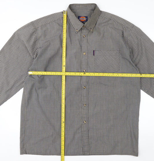 Dickies Men's Grey Check Long Sleeve Button-Up Shirt XL Classic Fit