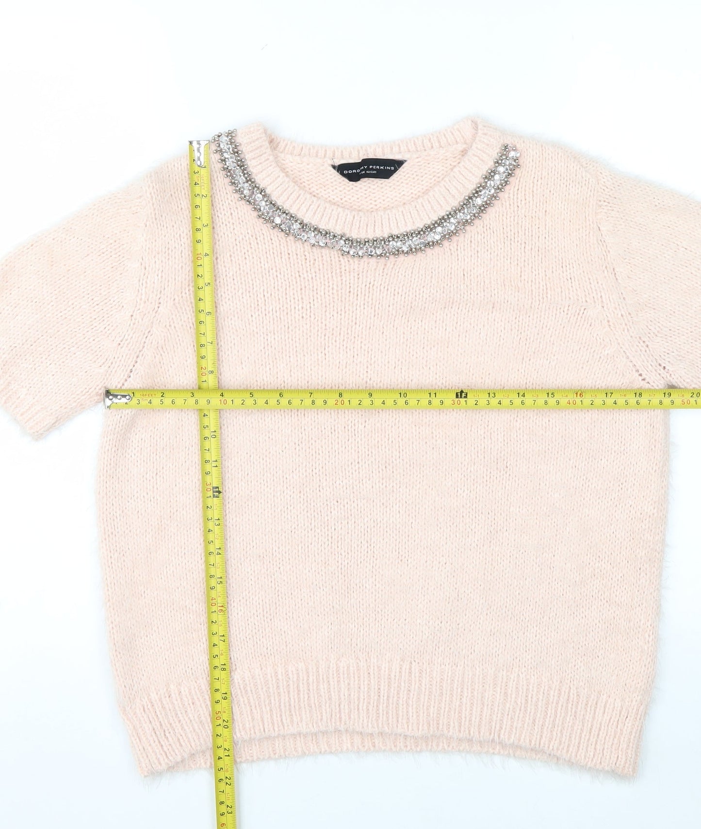 Dorothy Perkins Women Ivory Beaded Crew Neck Short Sleeve Jumper Size 14