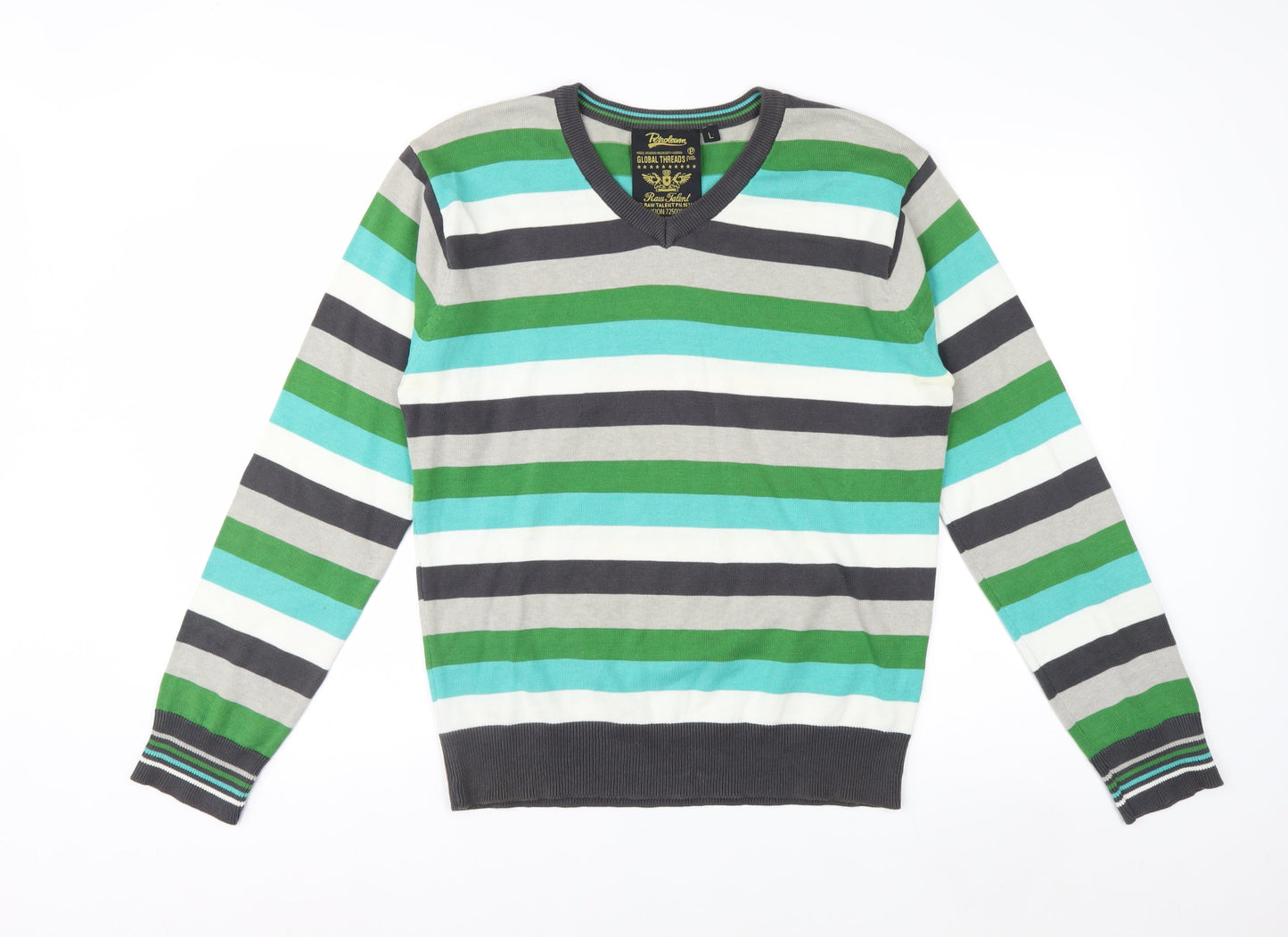 Petroleum Men's Multicoloured L V-Neck Cotton Striped Jumper